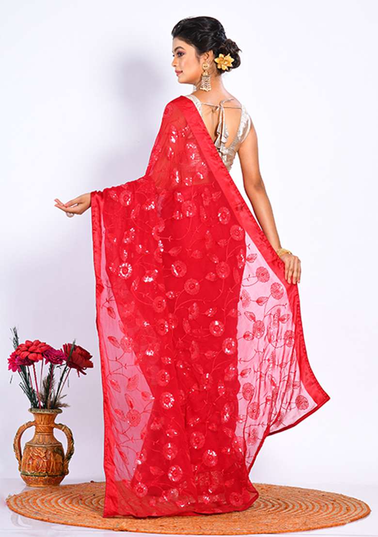 Maroon Heavy Embroidered Chiffon Saree Set - Indya