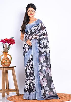 Multicolour Digital Print Linen Saree Set