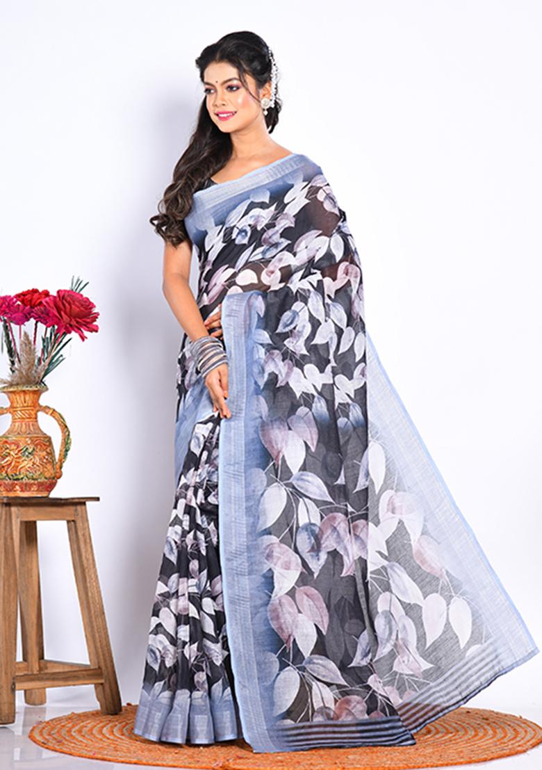 Multicolour Digital Print Linen Saree Set