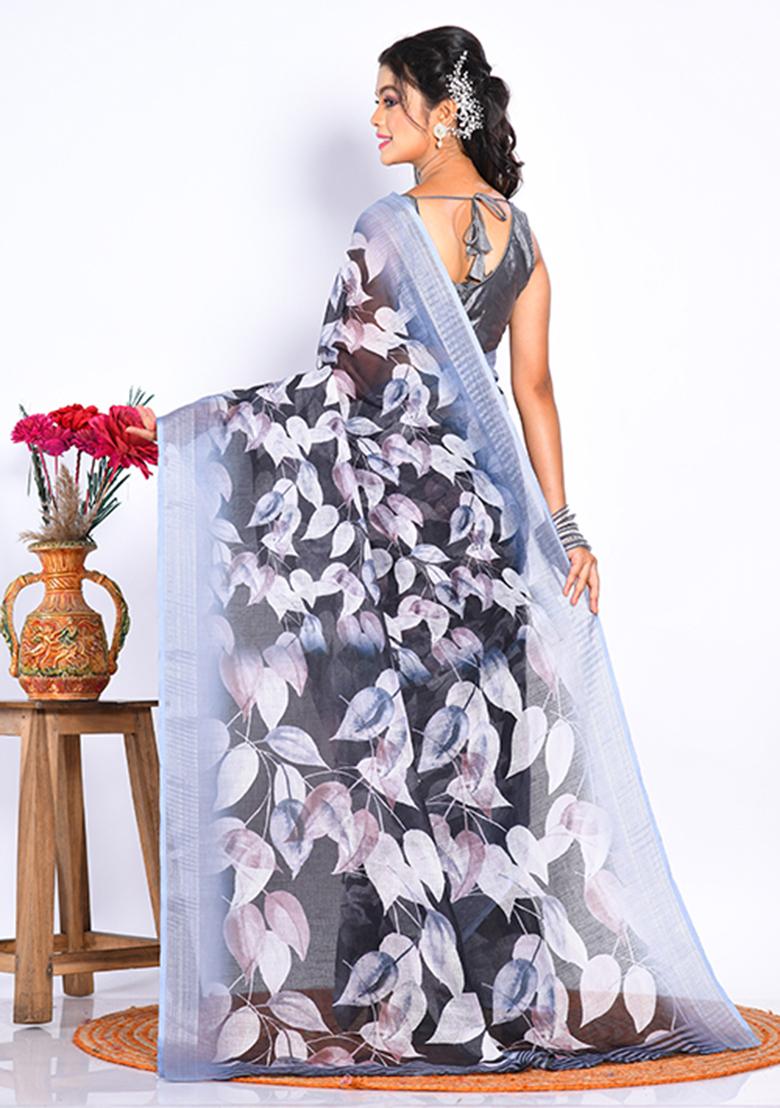 Multicolour Digital Print Linen Saree Set