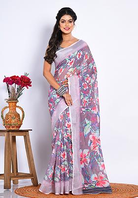 Multicolour Digital Print Linen Saree Set