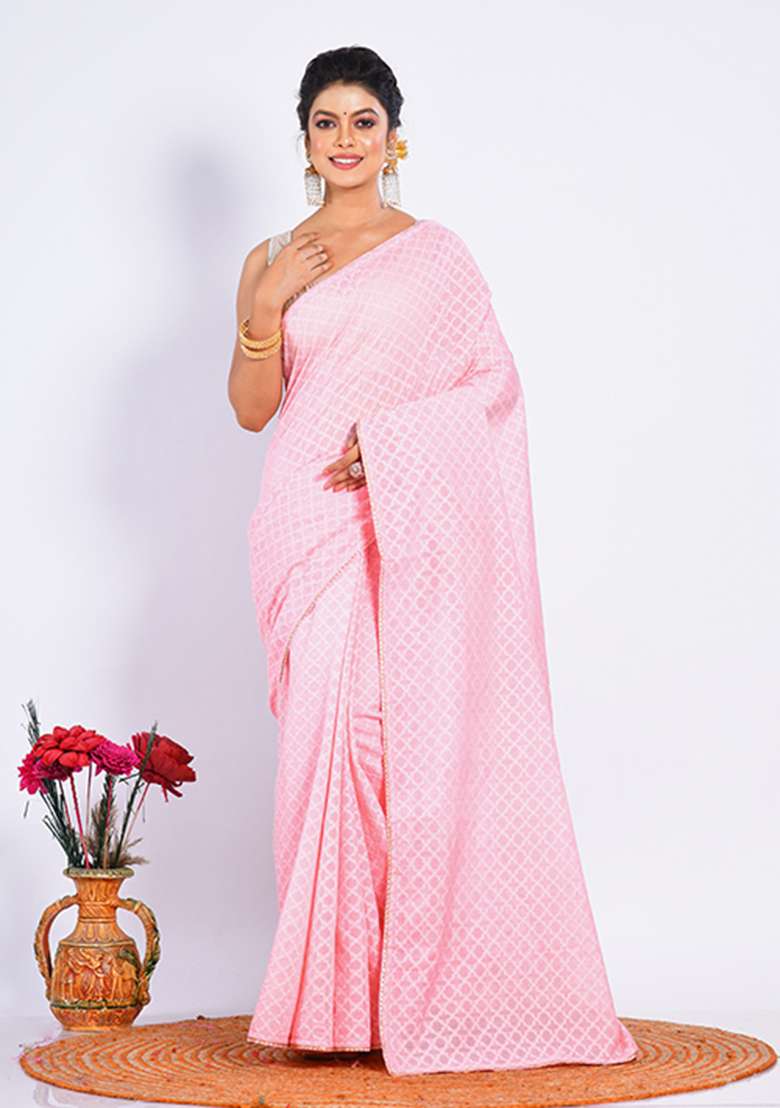 Peach Heavy Zari Embroidered Chanderi Saree Set - Indya