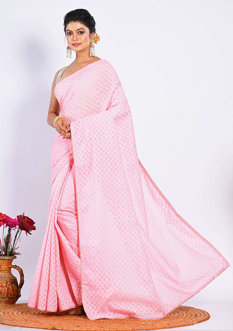 Peach Heavy Zari Embroidered Chanderi Saree Set - Indya