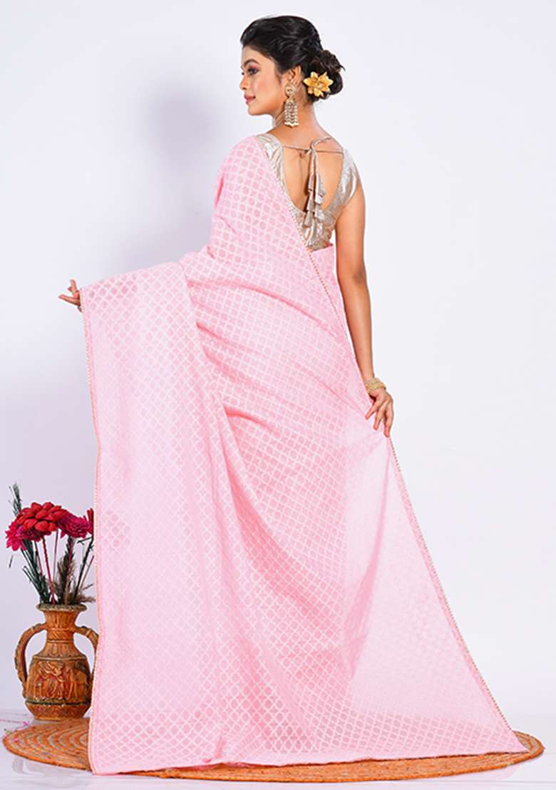 Peach Heavy Zari Embroidered Chanderi Saree Set - Indya