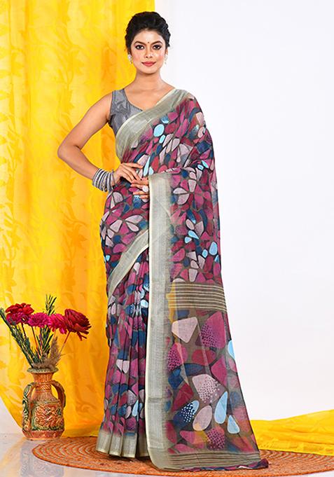 Multicolour Digital Print Linen Saree Set