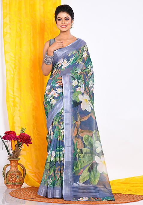 Multicolour Digital Print Linen Saree Set