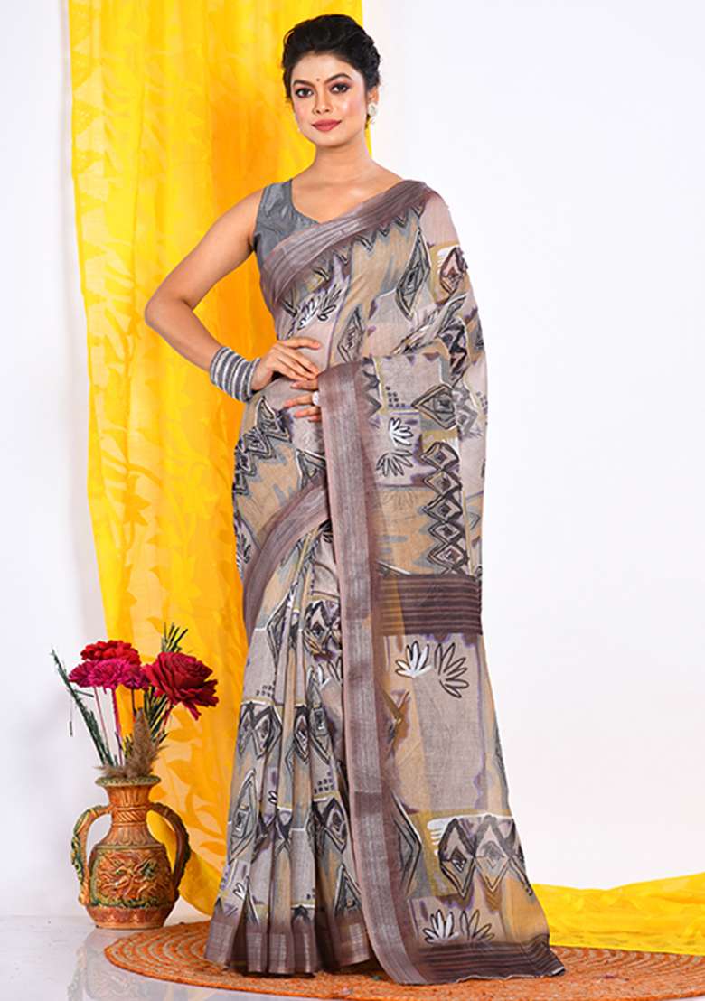 Multicolour Linen Saree Set with Digital Print for Diwali | Wedding & Festive Wear - Indya