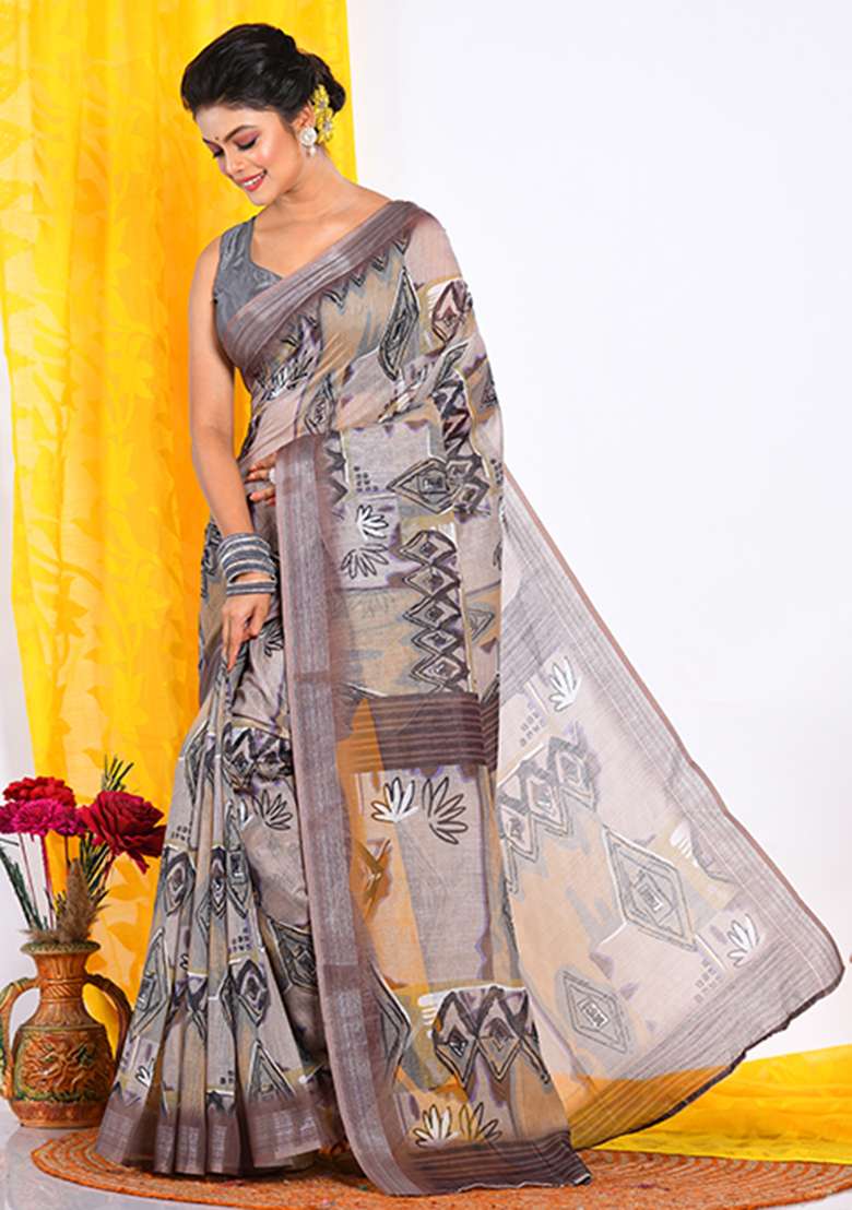 Multicolour Linen Saree Set with Digital Print for Diwali | Wedding & Festive Wear - Indya