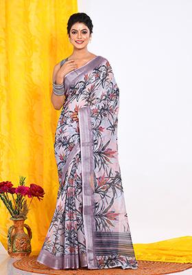 Multicolour Digital Print Linen Saree Set