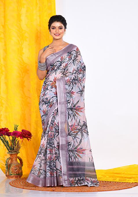 Multicolour Digital Print Linen Saree Set