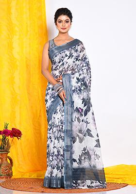 Multicolour Digital Print Linen Saree Set
