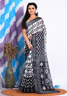 Multicolour Digital Print Linen Saree Set