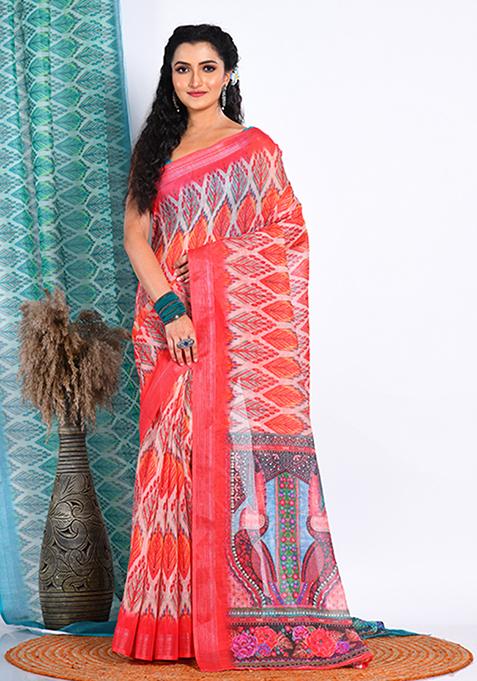 Multicolour Digital Print Linen Saree Set