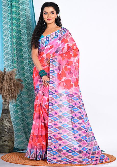 Multicolour Digital Print Linen Saree Set