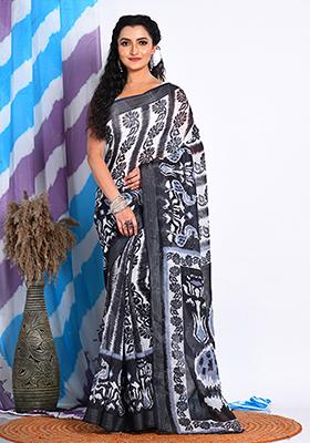 Multicolour Digital Print Linen Saree Set