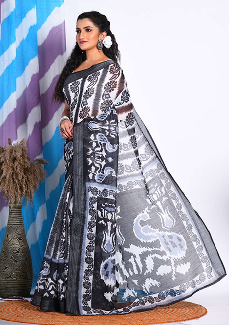 Multicolour Digital Print Linen Saree Set for Diwali and Festive Wear - Indya