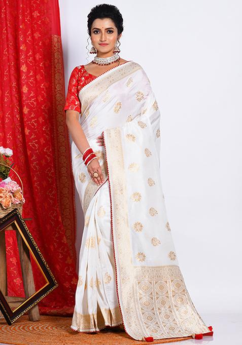 White Pure Dola Silk Saree Set