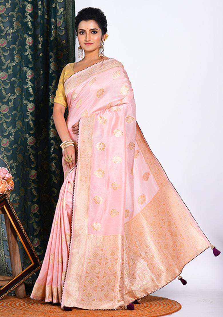 Peach Pure Dola Silk Saree Set