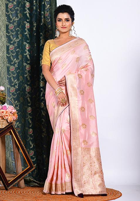 Peach Pure Dola Silk Saree Set