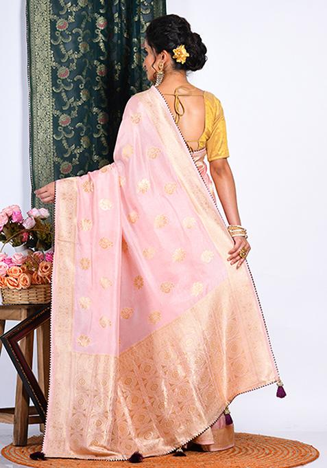 Peach Pure Dola Silk Saree Set