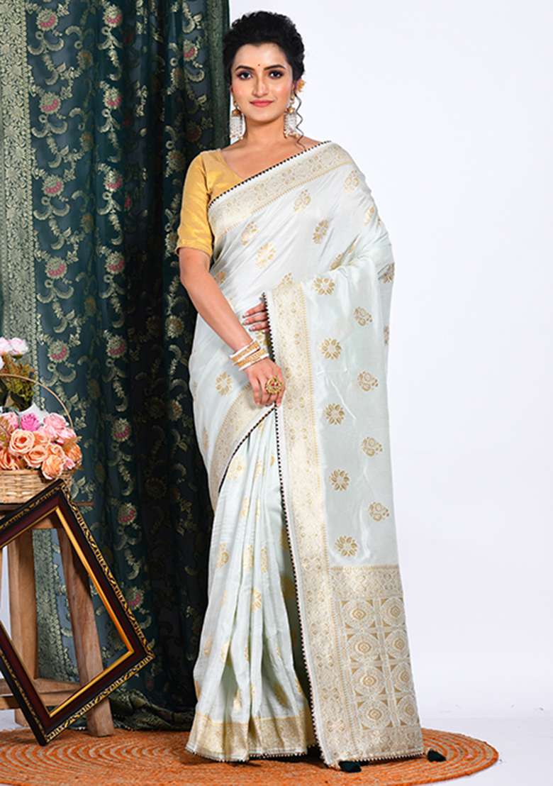 Light Green Embroidered Pure Dola Silk Blend Saree Set for Diwali and Festive Wear - Indya