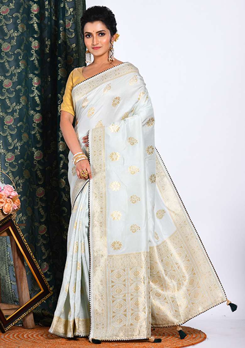 Light Green Embroidered Pure Dola Silk Blend Saree Set for Diwali and Festive Wear - Indya