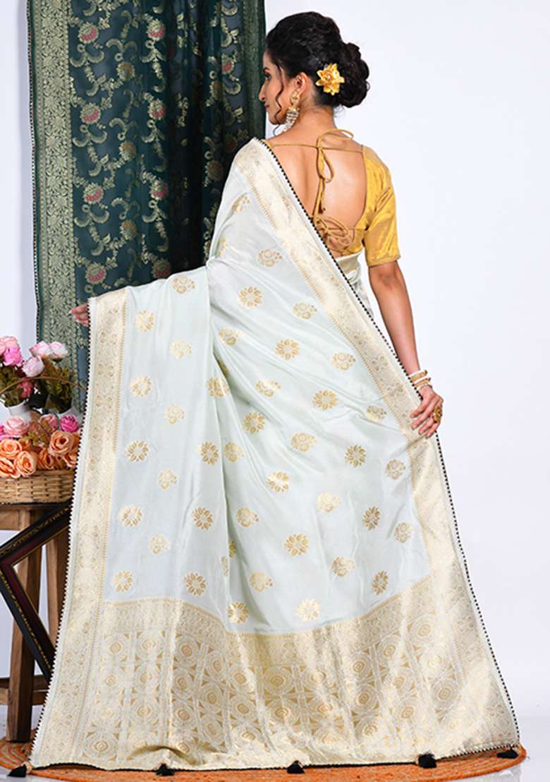Light Green Embroidered Pure Dola Silk Blend Saree Set for Diwali and Festive Wear - Indya