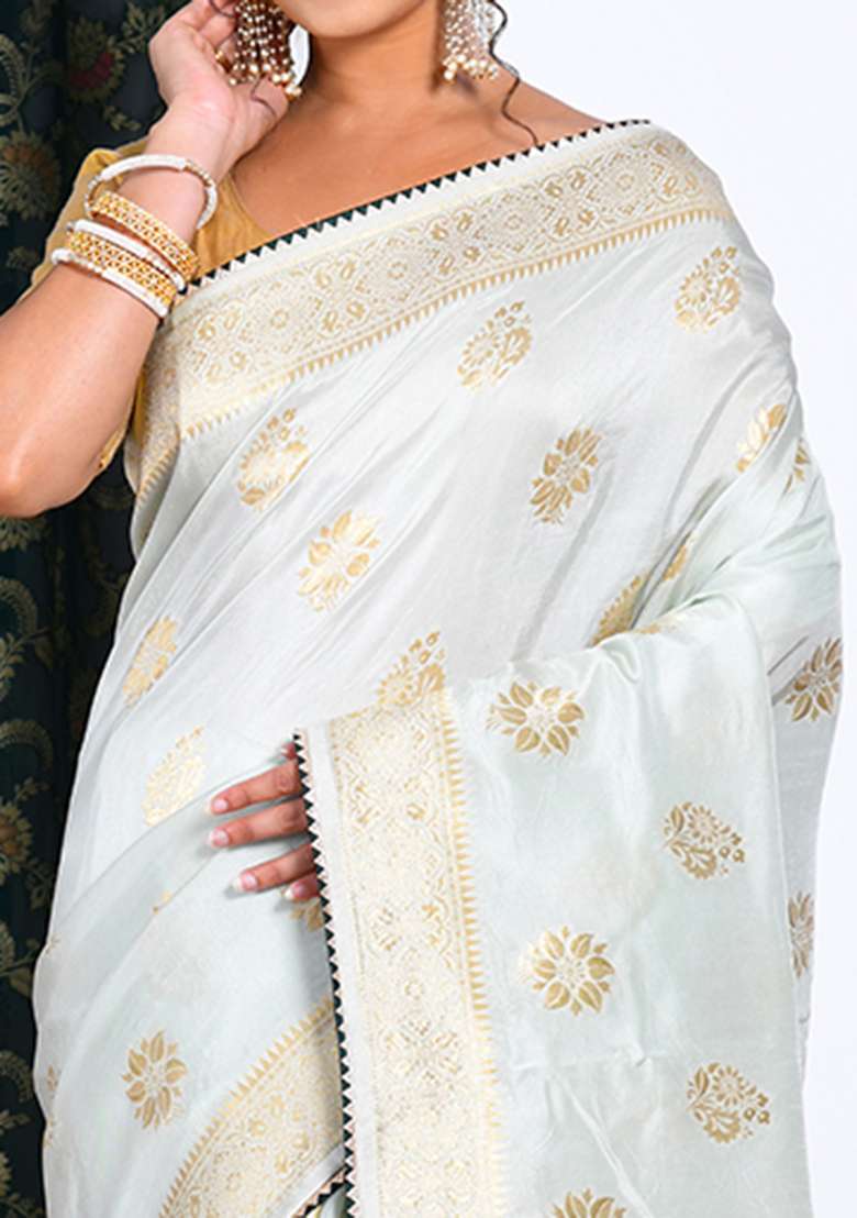 Light Green Embroidered Pure Dola Silk Blend Saree Set for Diwali and Festive Wear - Indya