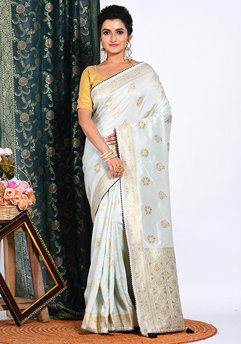 Light Green Embroidered Pure Dola Silk Saree Set