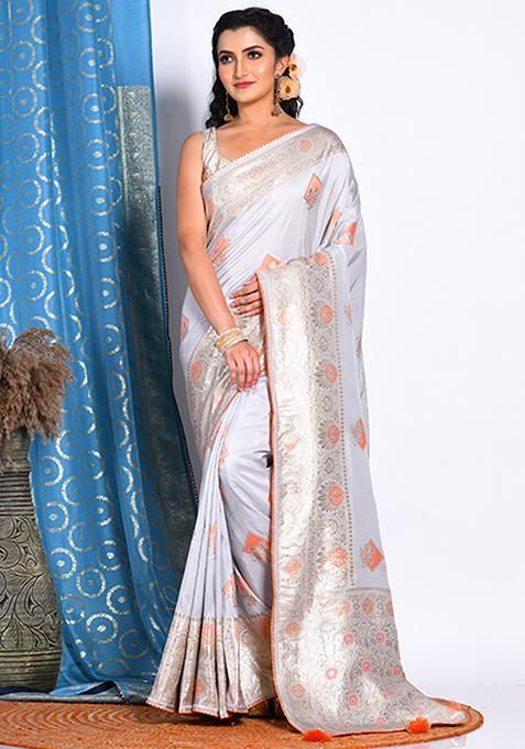 Grey Pure Dola Silk Saree Set