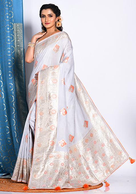 Grey Pure Dola Silk Saree Set