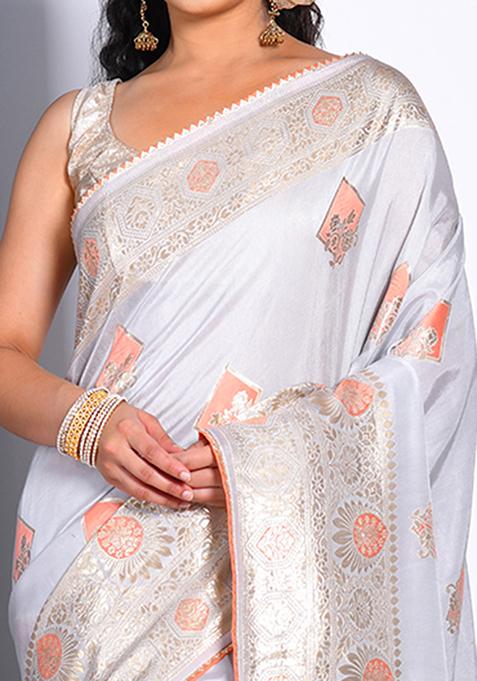 Grey Pure Dola Silk Saree Set