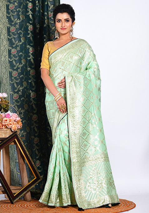 Light Green Dola Silk Saree Set