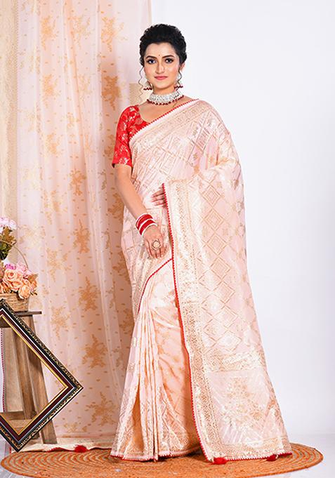 Pink Pure Dola Silk Saree Set