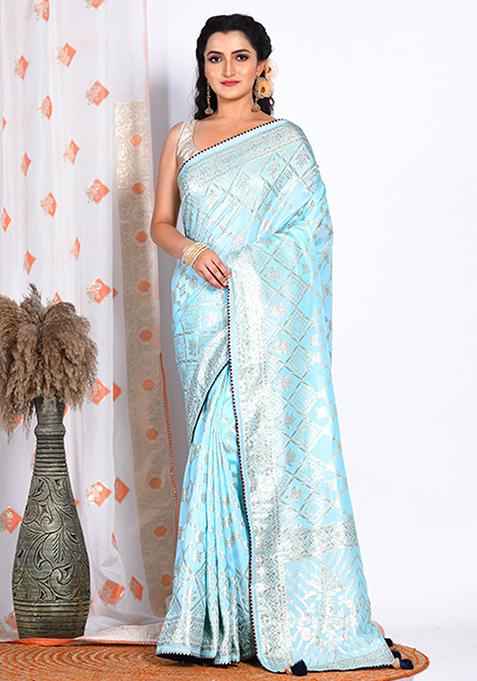 Sky Blue Pure Dola Silk Saree Set