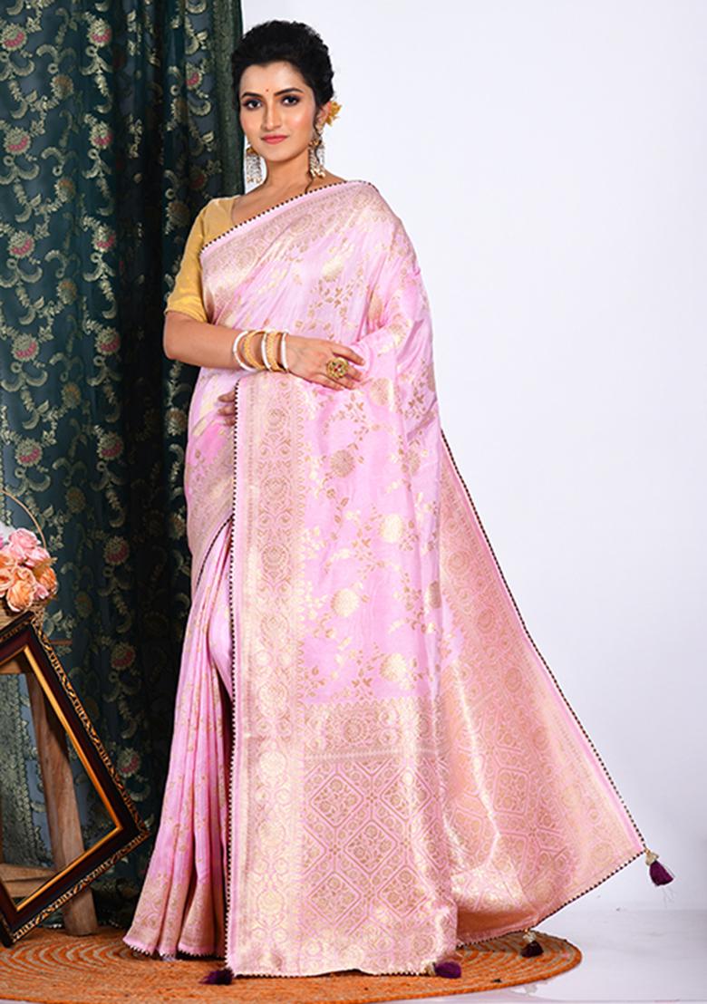 Light Pink Pure Dola Silk Saree Set