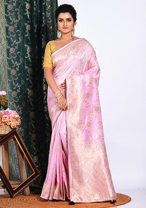 Light Pink Pure Dola Silk Saree Set