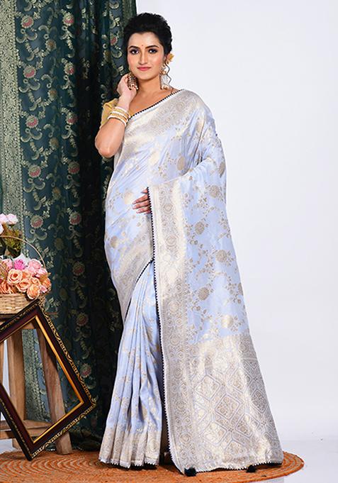 Light Grey Pure Dola Silk Saree Set