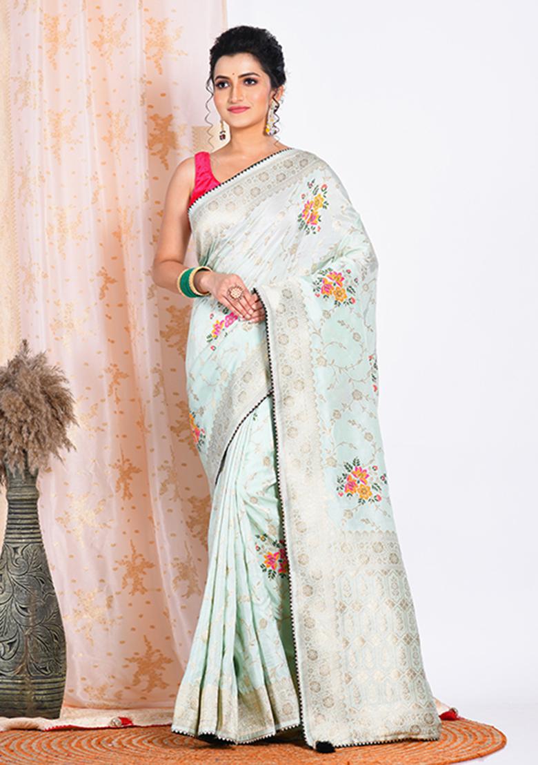 Green Embroidered Pure Russian Silk Saree Set