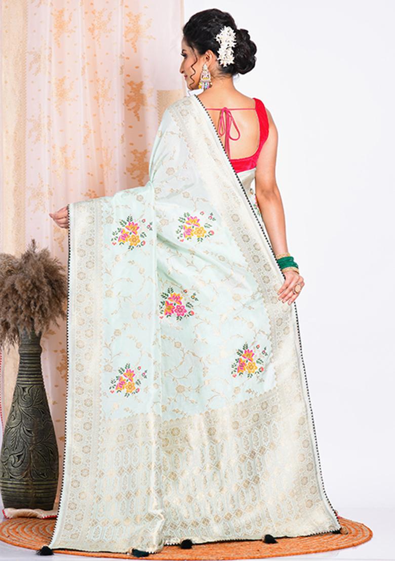 Green Embroidered Pure Russian Silk Saree Set