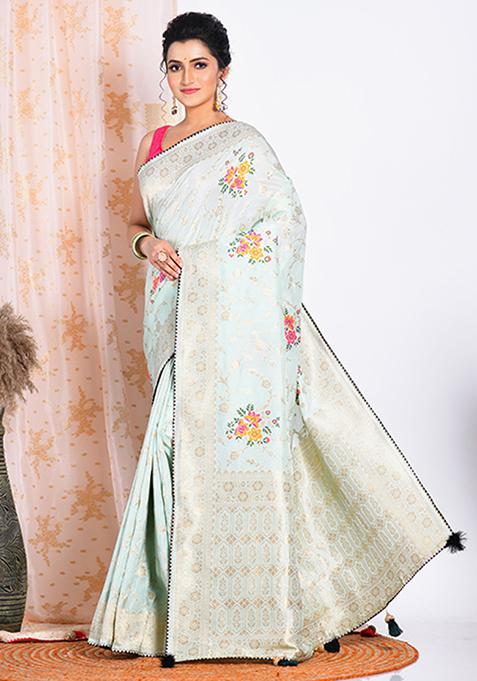 Green Embroidered Pure Russian Silk Saree Set