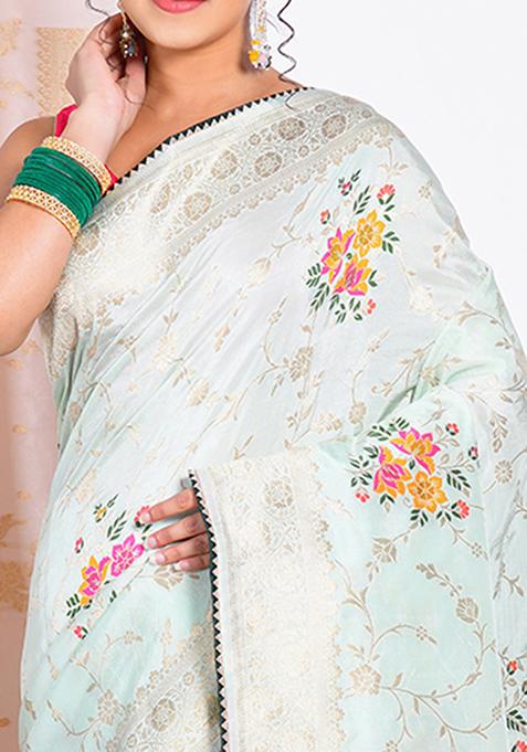 Green Embroidered Pure Russian Silk Saree Set