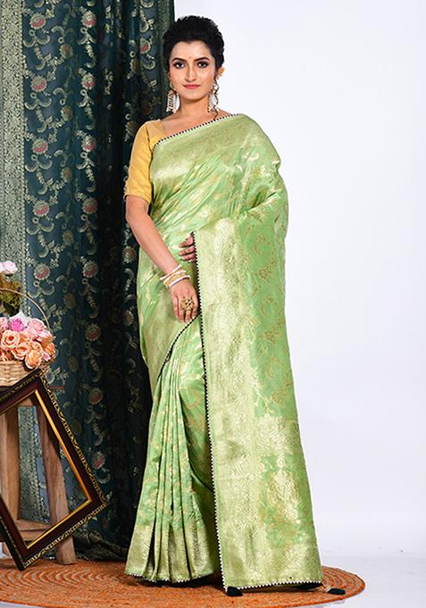 Green Embroidered Russian Silk Saree Set