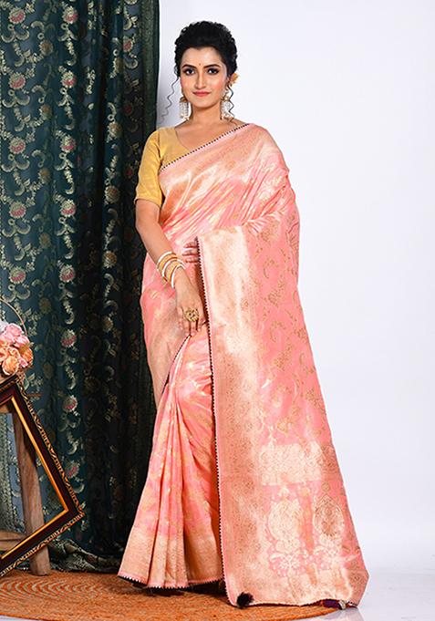 Peach Pure Russian Silk Saree Set