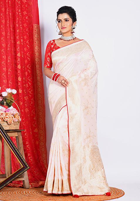 Light Pink Pure Russian Silk Saree Set