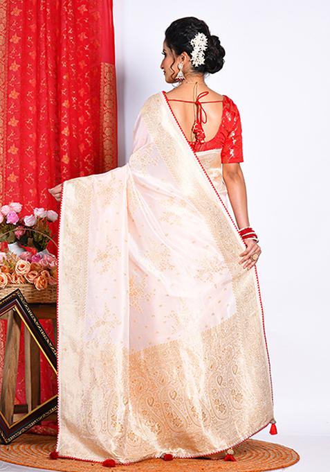 Light Pink Pure Russian Silk Saree Set