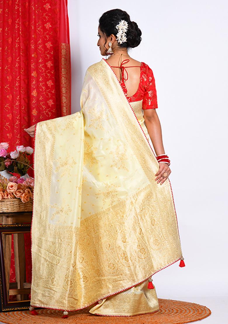 Light Yellow Pure Russian Silk Saree Set