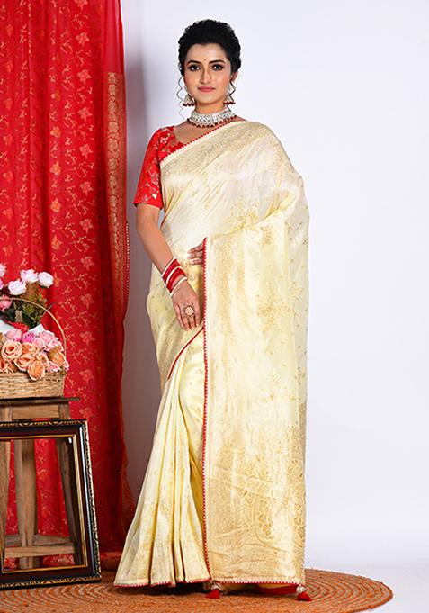 Light Yellow Pure Russian Silk Saree Set