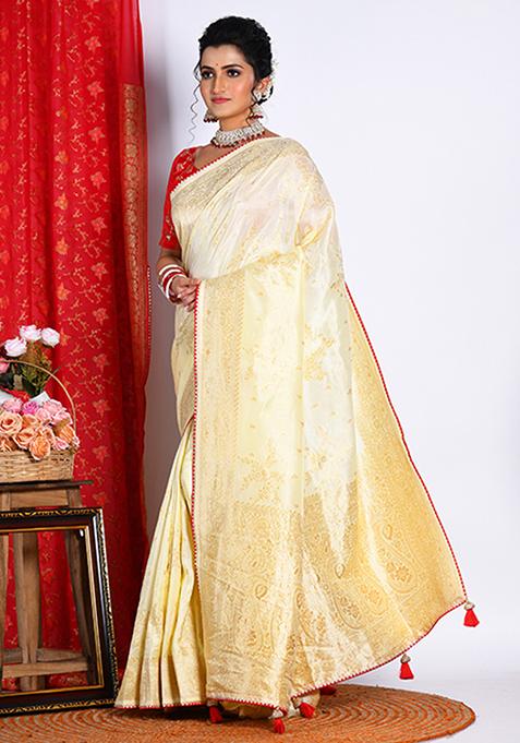 Light Yellow Pure Russian Silk Saree Set