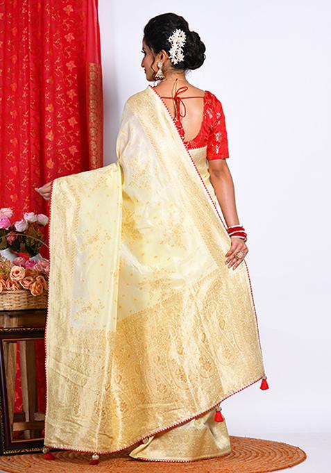 Light Yellow Pure Russian Silk Saree Set
